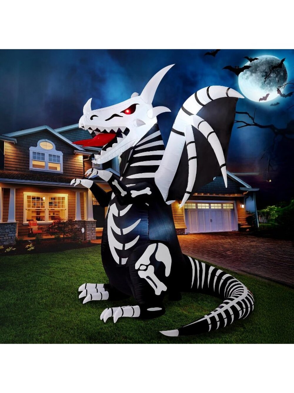 🎃8 FT Tall Halloween Inflatables Skeleton Dragon Blow Up Yard Decor Red Light